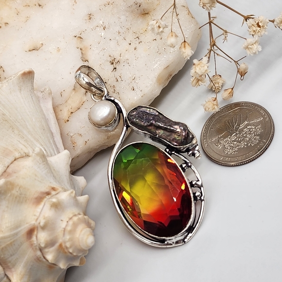 Red/Green Ametrin black Tahitian Pearl Stone Silver 925 Pendant - Picture 4 of 10